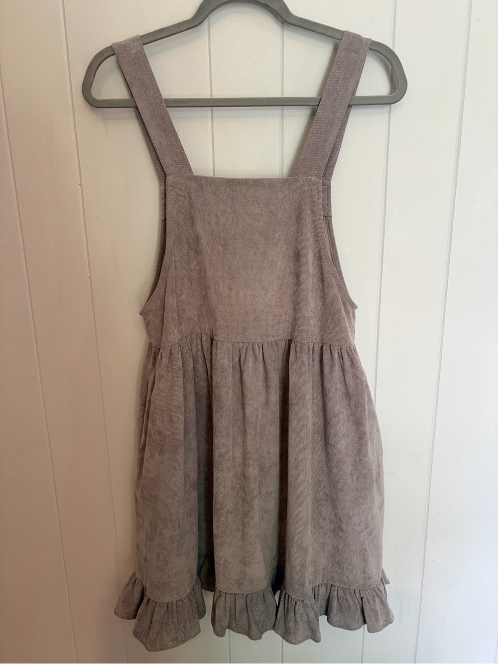 Listicle Taupe Pinafore Dress with Ruffle Hem